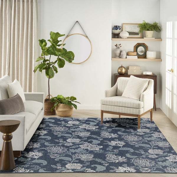 HomeRoots 8' Indoor Outdoor Navy Blue Floral Area Rug - Durable, Easy-Clean, Vibrant Design for Any Space 550240