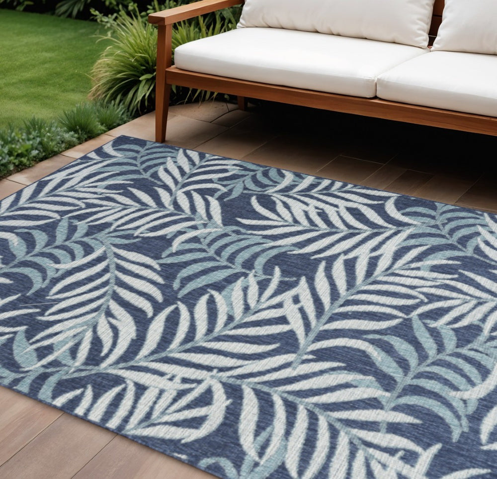 HomeRoots 8' Indoor/Outdoor Area Rug - Navy Blue, Sky Blue & Ivory Palm Leaf Design for Tropical Elegance 550242