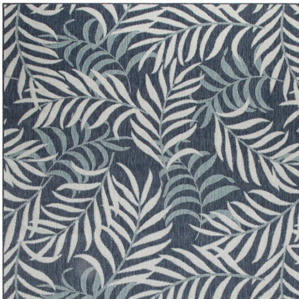 HomeRoots 8' Indoor/Outdoor Area Rug - Navy Blue, Sky Blue & Ivory Palm Leaf Design for Tropical Elegance 550242