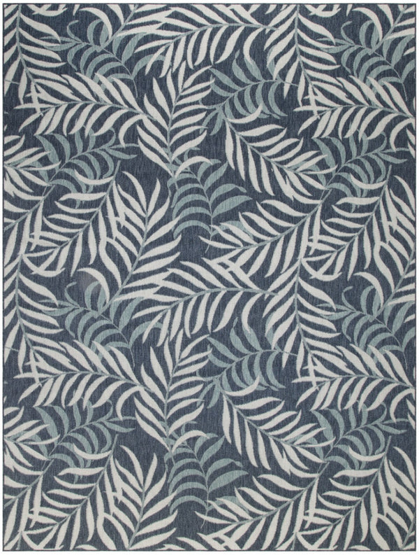 HomeRoots 8' Indoor/Outdoor Area Rug - Navy Blue, Sky Blue & Ivory Palm Leaf Design for Tropical Elegance 550242