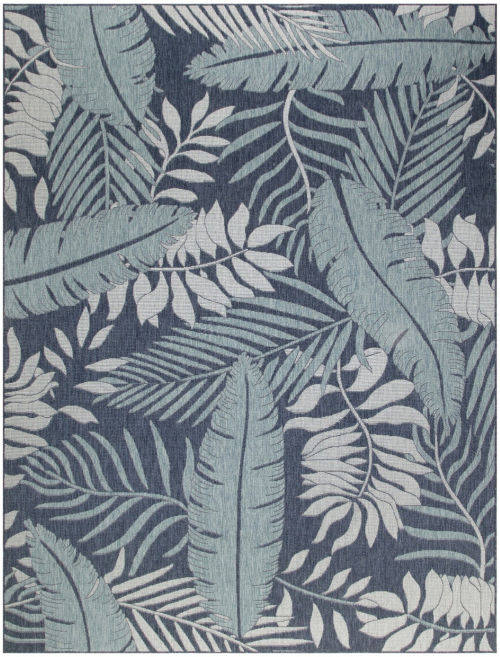 HomeRoots 8' x 10' Navy Blue Tropical Palm Leaf Rug – Indoor/Outdoor Durable Coastal Charm for Any Space 550243