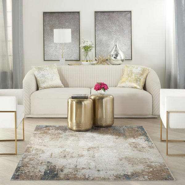 HomeRoots 5' Luxurious Ivory, Black, and Taupe Abstract Distressed Non-Skid Area Rug for Modern Homes 5' X 7' 550246
