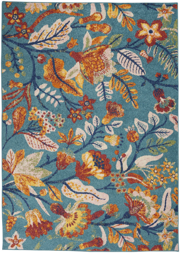 Homeroots 5' X 7' Aqua Floral Power Loom Area Rug  Polypropylene 550248