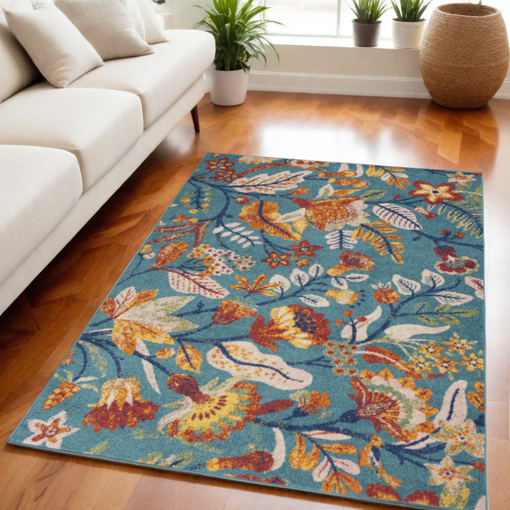 Homeroots 5' X 7' Aqua Floral Power Loom Area Rug  Polypropylene 550248