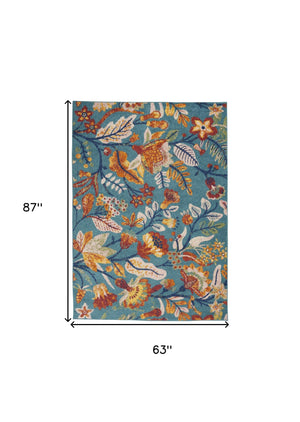 Homeroots 5' X 7' Aqua Floral Power Loom Area Rug  Polypropylene 550248