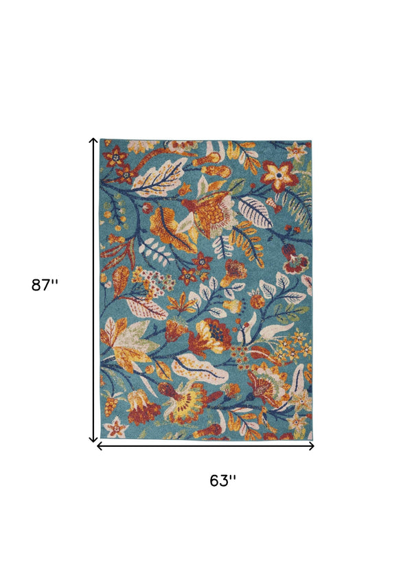 Homeroots 5' X 7' Aqua Floral Power Loom Area Rug  Polypropylene 550248