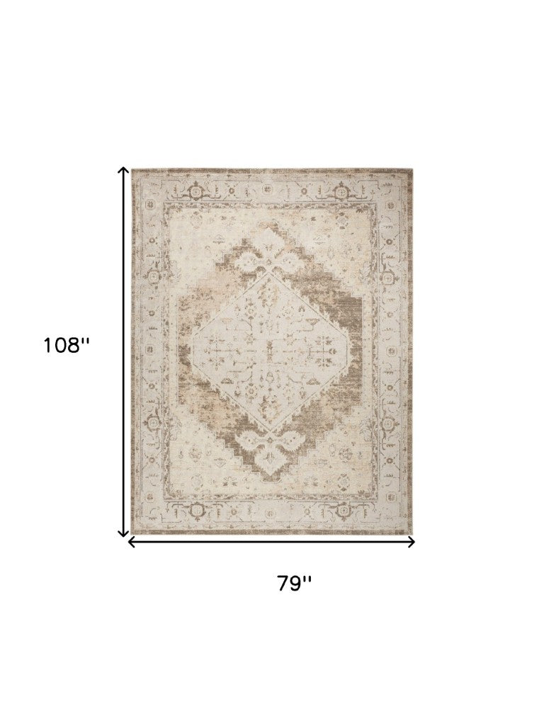 HomeRoots 7x9 Ivory Tan Medallion Floral Area Rug Vintage Faded Style for Living Rooms 550249