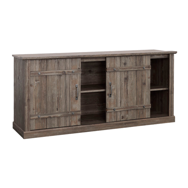 English Elm Credenza, Rustic 70" TV Stand with Sliding Barn Doors, Adjustable Shelves, Cord Management, 62" Pine Wood B356P354487