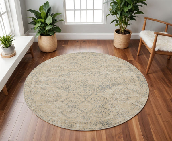 Homeroots 8' Beige And Gray Geometric Distressed Round Rug - Durable, Stain Resistant, Perfect For Kids & Pets!  Polypropylene 550256