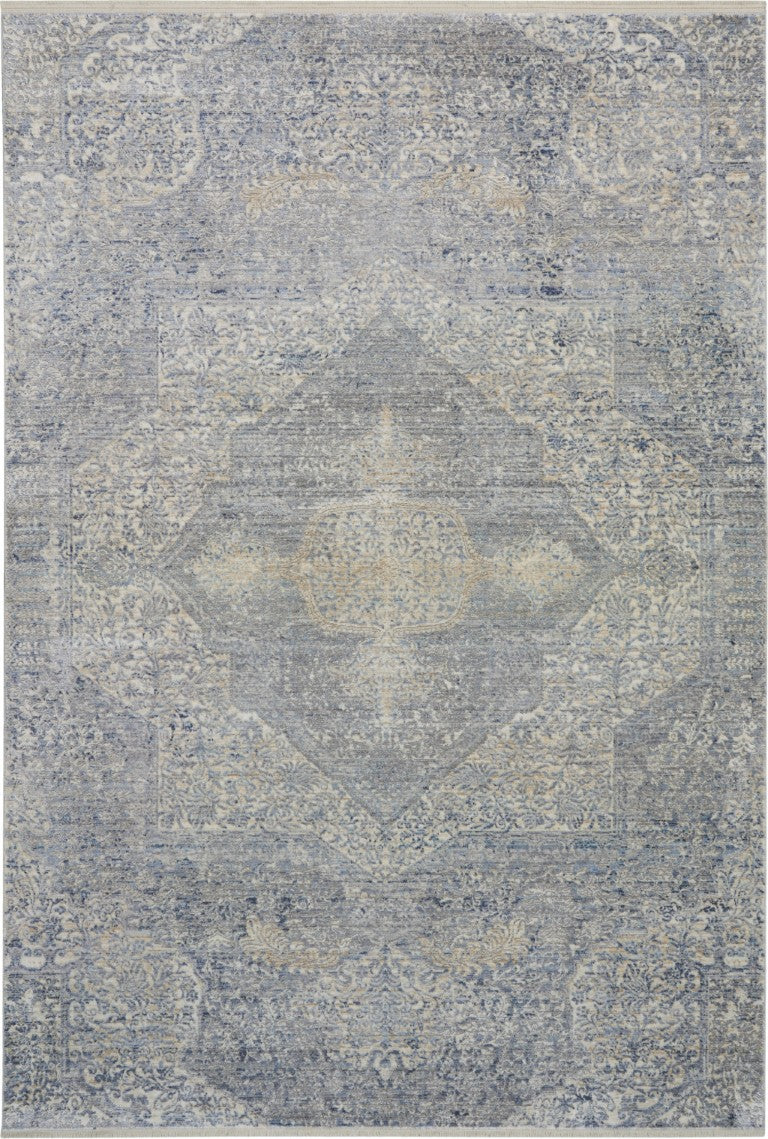 HomeRoots 5 X 8 Floral Area Rug in Blue Gray and Cream with Fringe and Non Slip Backing 550260