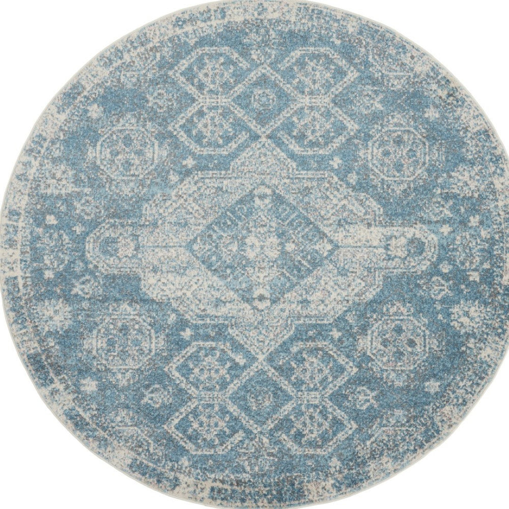 HomeRoots 8' Ivory and Light Blue Geometric Distressed Rug – Modern Style, Durable, Easy-Care for Any Room 8' Round 550261