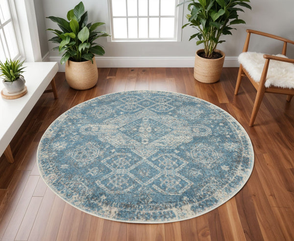 Homeroots 8' Ivory And Light Blue Geometric Round Rug - Stain-resistant, Durable, Perfect For Homes With Kids & Pets  Polypropylene 550261