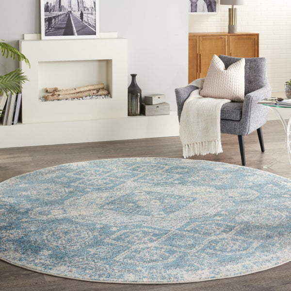 HomeRoots 8' Ivory and Light Blue Geometric Distressed Rug – Modern Style, Durable, Easy-Care for Any Room 8' Round 550261