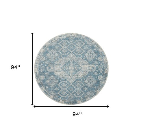Homeroots 8' Ivory And Light Blue Geometric Round Rug - Stain-resistant, Durable, Perfect For Homes With Kids & Pets  Polypropylene 550261