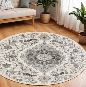 HomeRoots 8' Elegant Ivory Floral Medallion Rug - Stylish Non-Skid Design for Living Spaces & Bedrooms 8' Round 550267