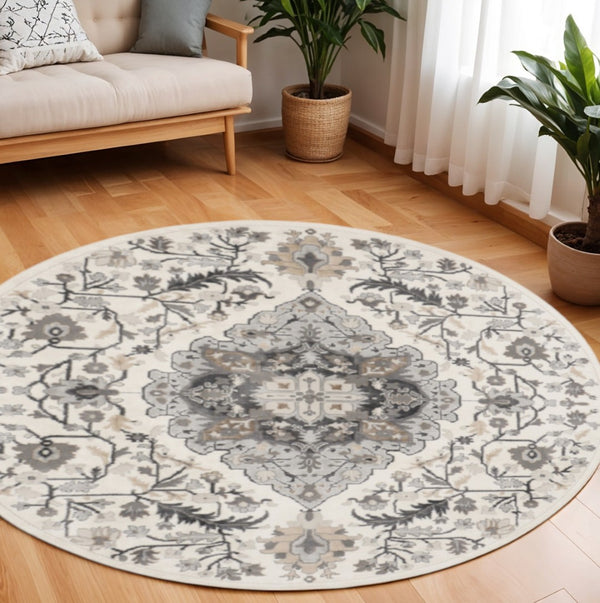 HomeRoots 8' Elegant Ivory Floral Medallion Rug - Stylish Non-Skid Design for Living Spaces & Bedrooms 8' Round 550267