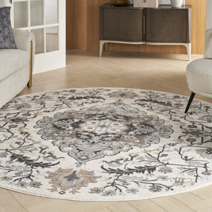 HomeRoots 8' Elegant Ivory Floral Medallion Rug - Stylish Non-Skid Design for Living Spaces & Bedrooms 8' Round 550267