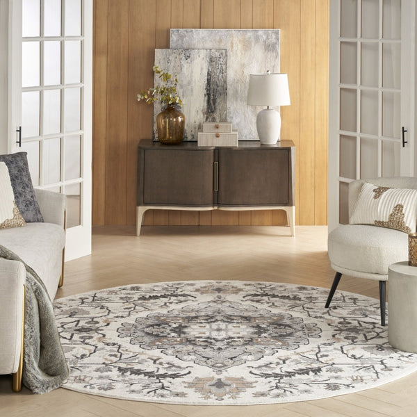 HomeRoots 8' Elegant Ivory Floral Medallion Rug - Stylish Non-Skid Design for Living Spaces & Bedrooms 8' Round 550267
