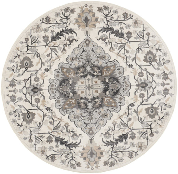 HomeRoots 8' Elegant Ivory Floral Medallion Rug - Stylish Non-Skid Design for Living Spaces & Bedrooms 8' Round 550267