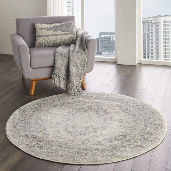 HomeRoots 8' Floral Medallion Distressed Rug in Ivory and Gray – Timeless Elegance for Any Home Decor 8' Round 550271