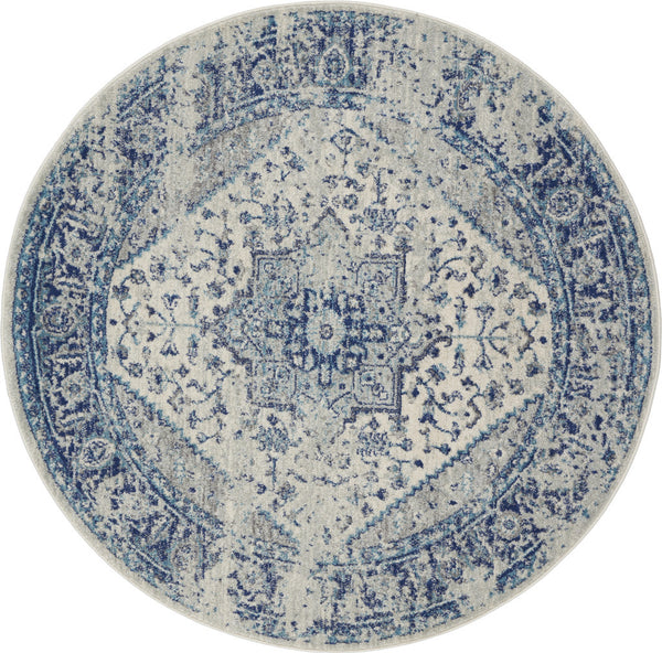 Homeroots 8' Ivory And Light Blue Floral Medallion Distressed Round Rug - Durable, Stain Resistant, Stylish Decor  Polypropylene 550272