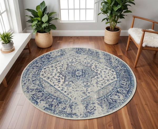 Homeroots 8' Ivory And Light Blue Floral Medallion Distressed Round Rug - Durable, Stain Resistant, Stylish Decor  Polypropylene 550272