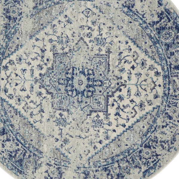 HomeRoots 8' Ivory and Light Blue Floral Medallion Rug - Timeless Distressed Design for Elegant Home Decor 8' Round 550272