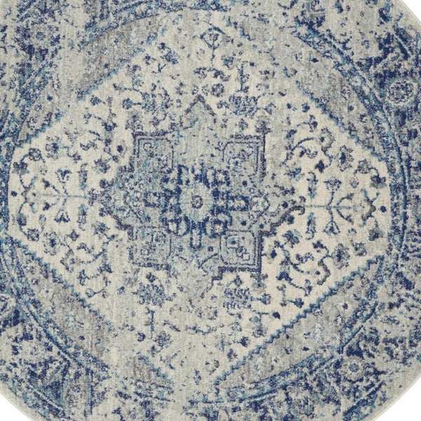 HomeRoots 8' Ivory and Light Blue Floral Medallion Rug - Timeless Distressed Design for Elegant Home Decor 8' Round 550272