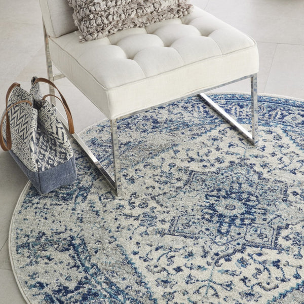 Homeroots 8' Ivory And Light Blue Floral Medallion Distressed Round Rug - Durable, Stain Resistant, Stylish Decor  Polypropylene 550272