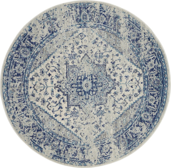 HomeRoots 8' Ivory and Light Blue Floral Medallion Rug - Timeless Distressed Design for Elegant Home Decor 8' Round 550272