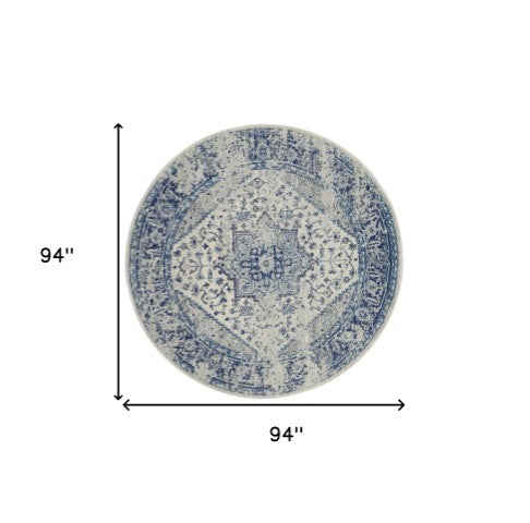 Homeroots 8' Ivory And Light Blue Floral Medallion Distressed Round Rug - Durable, Stain Resistant, Stylish Decor  Polypropylene 550272