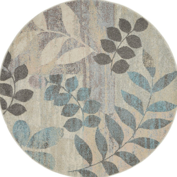 Homeroots 8' Ivory Gray And Blue Round Botanical Leaves Rug - Stain Resistant, Durable, Stylish Home Decor Piece  Polypropylene 550273