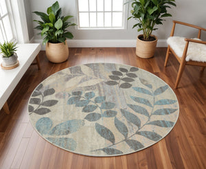 Homeroots 8' Ivory Gray And Blue Round Botanical Leaves Rug - Stain Resistant, Durable, Stylish Home Decor Piece  Polypropylene 550273