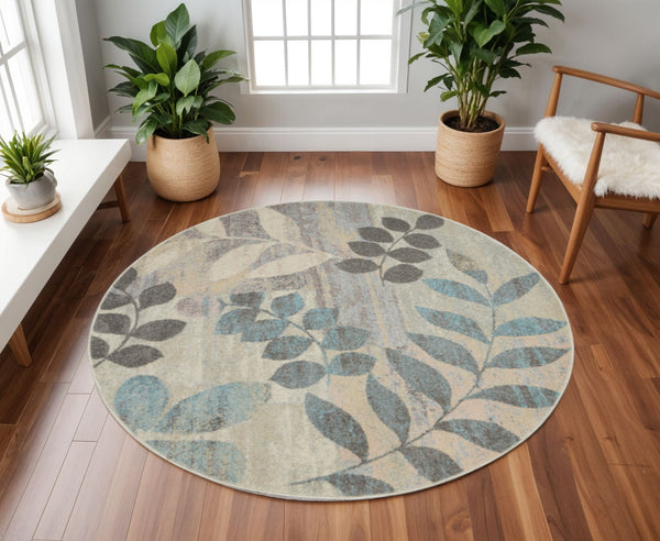 Homeroots 8' Ivory Gray And Blue Round Botanical Leaves Rug - Stain Resistant, Durable, Stylish Home Decor Piece  Polypropylene 550273