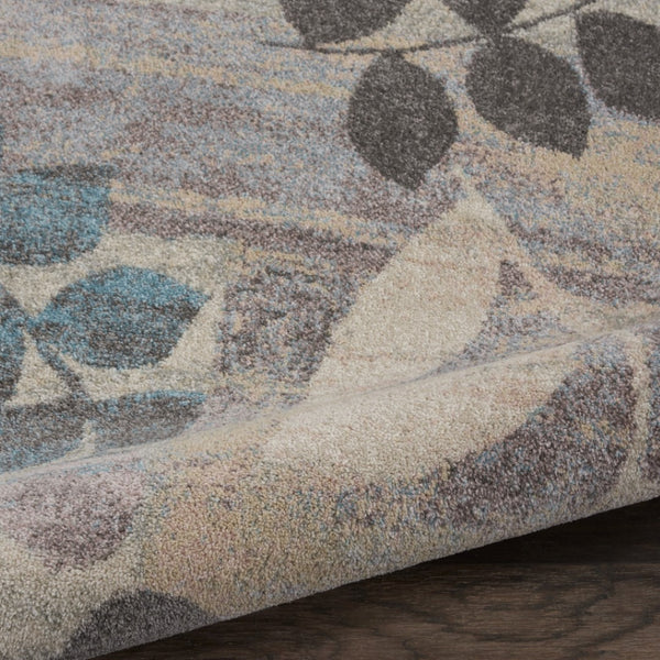 HomeRoots 8' Botanical Leaves Area Rug in Ivory Gray and Blue – Durable, Stylish, Perfect for Any Home Space 8' Round 550273