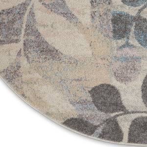 HomeRoots 8' Botanical Leaves Area Rug in Ivory Gray and Blue – Durable, Stylish, Perfect for Any Home Space 8' Round 550273