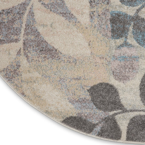 HomeRoots 8' Botanical Leaves Area Rug in Ivory Gray and Blue – Durable, Stylish, Perfect for Any Home Space 8' Round 550273