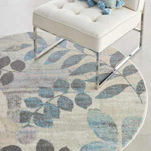 HomeRoots 8' Botanical Leaves Area Rug in Ivory Gray and Blue – Durable, Stylish, Perfect for Any Home Space 8' Round 550273