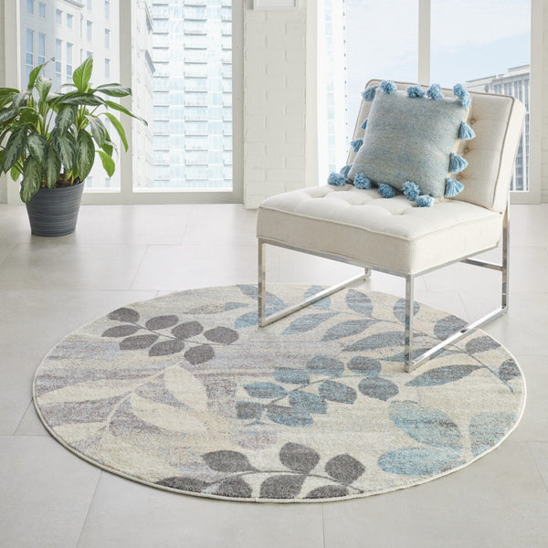 Homeroots 8' Ivory Gray And Blue Round Botanical Leaves Rug - Stain Resistant, Durable, Stylish Home Decor Piece  Polypropylene 550273