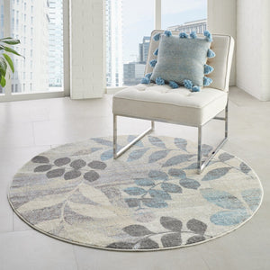 HomeRoots 8' Botanical Leaves Area Rug in Ivory Gray and Blue – Durable, Stylish, Perfect for Any Home Space 8' Round 550273