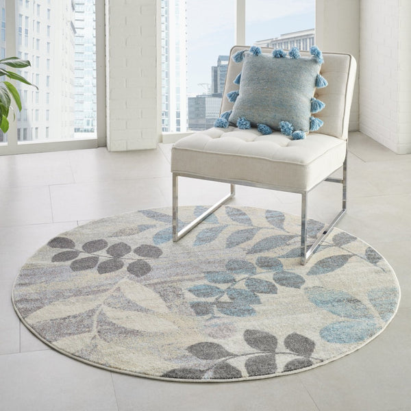 HomeRoots 8' Botanical Leaves Area Rug in Ivory Gray and Blue – Durable, Stylish, Perfect for Any Home Space 8' Round 550273