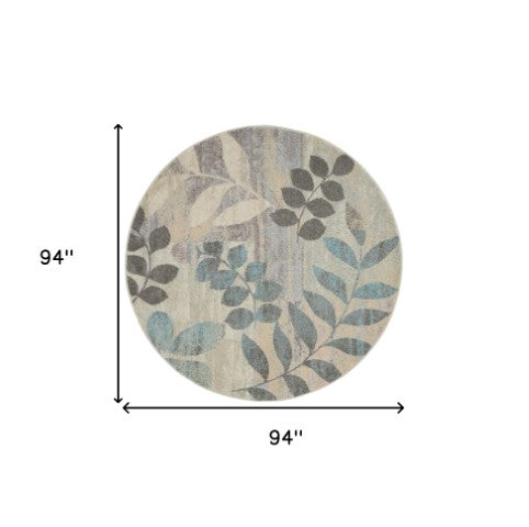 Homeroots 8' Ivory Gray And Blue Round Botanical Leaves Rug - Stain Resistant, Durable, Stylish Home Decor Piece  Polypropylene 550273