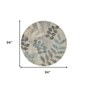 Homeroots 8' Ivory Gray And Blue Round Botanical Leaves Rug - Stain Resistant, Durable, Stylish Home Decor Piece  Polypropylene 550273