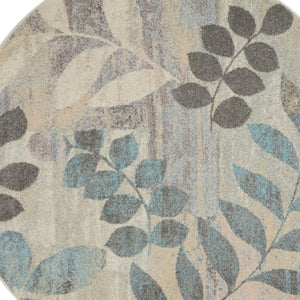 Homeroots 8' Ivory Gray And Blue Round Botanical Leaves Rug - Stain Resistant, Durable, Stylish Home Decor Piece  Polypropylene 550273