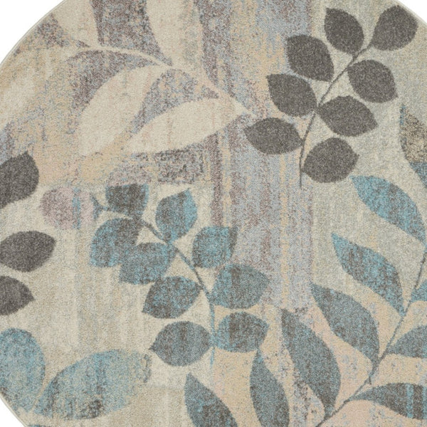 Homeroots 8' Ivory Gray And Blue Round Botanical Leaves Rug - Stain Resistant, Durable, Stylish Home Decor Piece  Polypropylene 550273