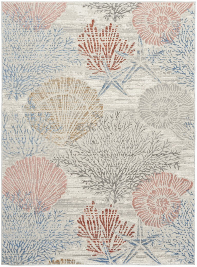 Coastal Seashell Coral Area Rug in Blue Blush Gray Polypropylene for Living Room or Bedroom