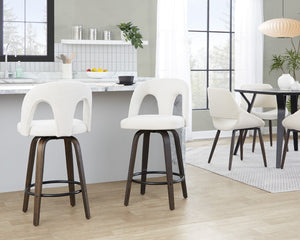 English Elm Fixed-height Swivel Counterstools with Bentwood Legs and Padded White Seats Set of 2 B202S01786