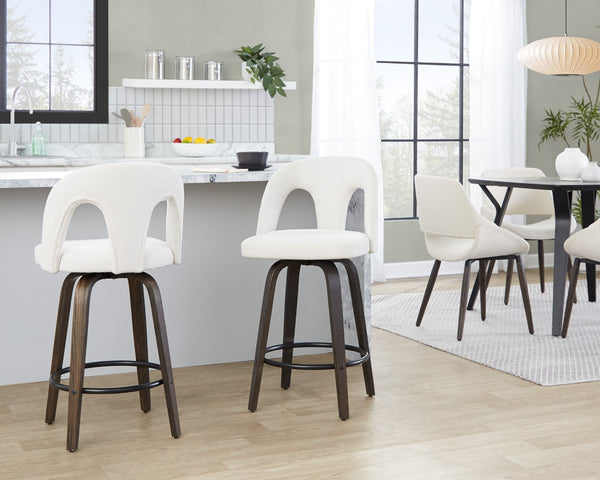 English Elm Fixed-height Swivel Counterstools with Bentwood Legs and Padded White Seats Set of 2 B202S01786