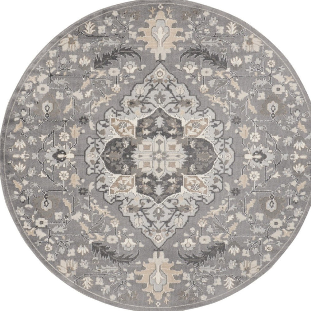 HomeRoots 8' Elegant Ivory Floral Medallion Round Rug – Durable Non-Skid Design for Living Rooms & More! 550283
