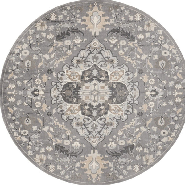 HomeRoots 8' Elegant Ivory Floral Medallion Round Rug – Durable Non-Skid Design for Living Rooms & More! 550283